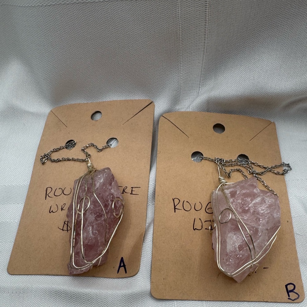 natural stone necklace, rough wire wrap,  1 darker 1 light pink on silver chain